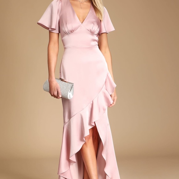 Lulus Eternal Bond Blush Satin Ruffled Flutter Sleeve Maxi Dress - Picture 1 of 3